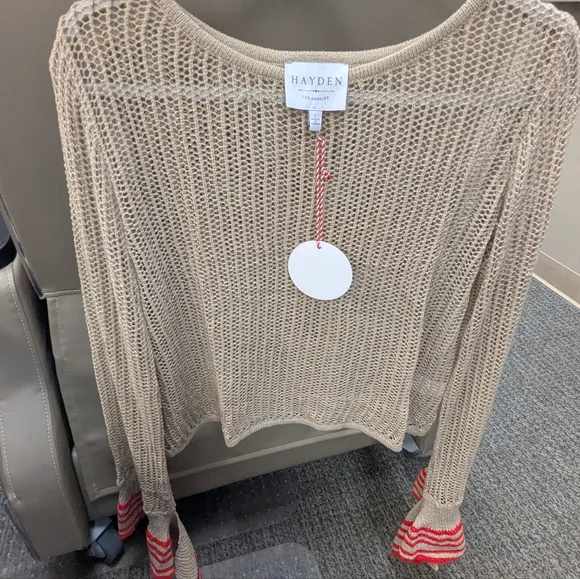 Hayden LA Crochet Crop Top L NWT • Coastal Boho Lightweight Sweater • Red Stripe - Picture 3 of 6